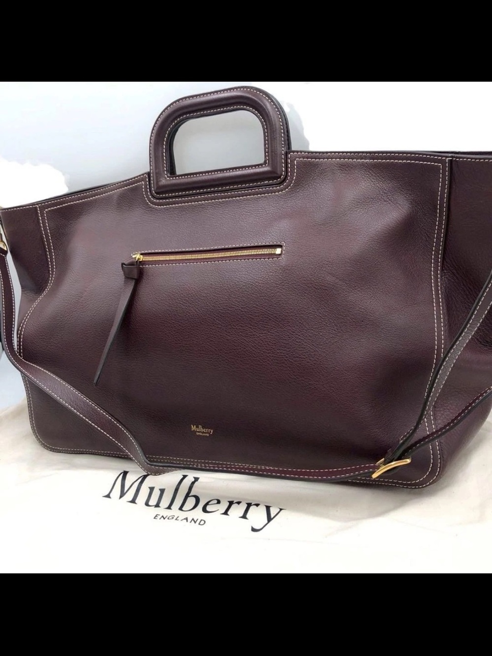 Mulberry Men's Leather Tote Bag in Burgundy with Gold Hardware